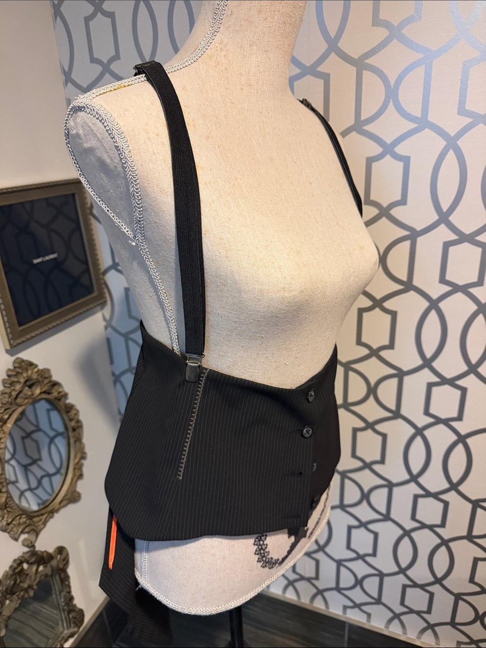 Cop.Copine Black Pinstripe Suspender Waistcoat with Orange Tab
